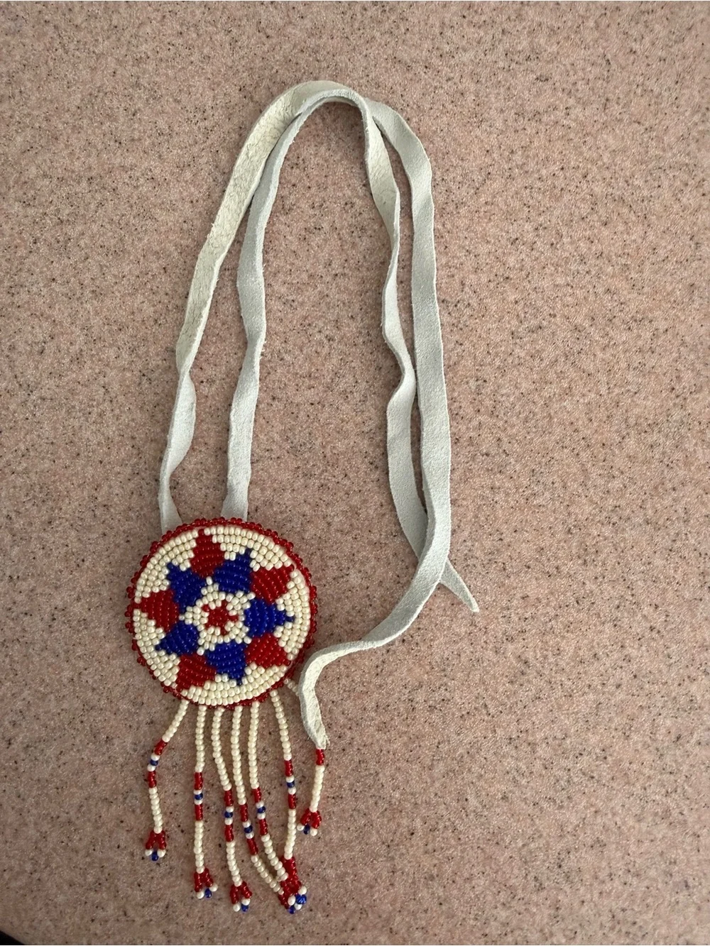 Handmade Beaded Leather Choker Medallion Necklace in Red, Blue & Cream NWOT